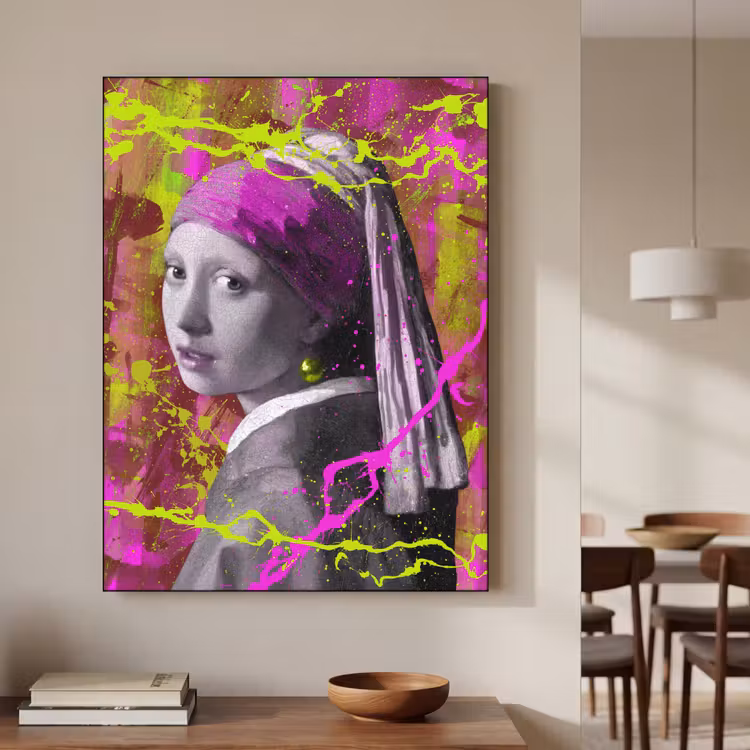 Meisje met de parel - Johannes Vermeer - Neon Textielframe zwart klein -sfeer2