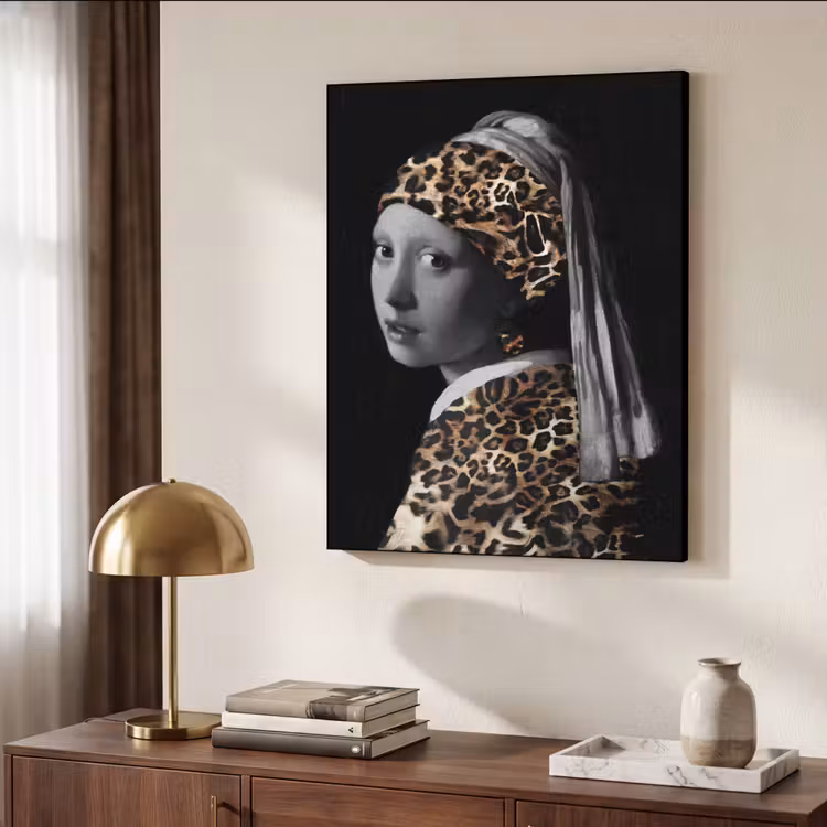 Het meisje met de parel - Johannes Vermeer - Panterprint Textielframe zwart klein -sfeer3