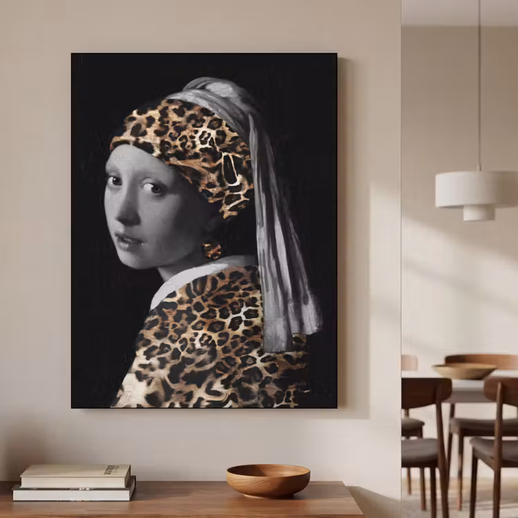 Het meisje met de parel - Johannes Vermeer - Panterprint Textielframe zwart klein -sfeer2