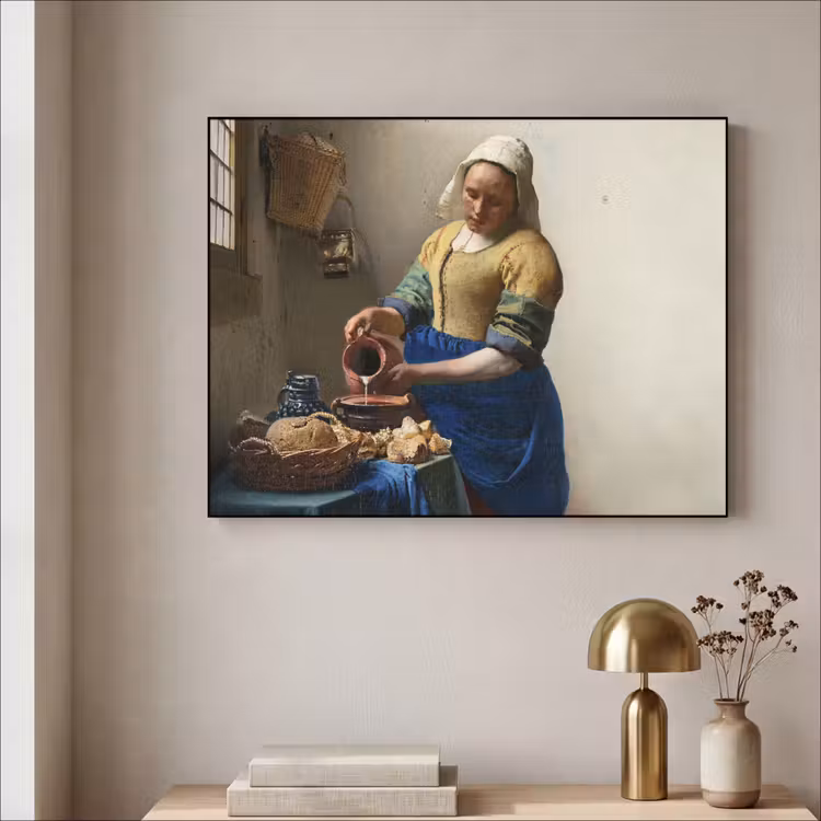 Het melkmeisje - Kunst - Oude meesters - Vermeer Textielframe zwart klein -sfeer2
