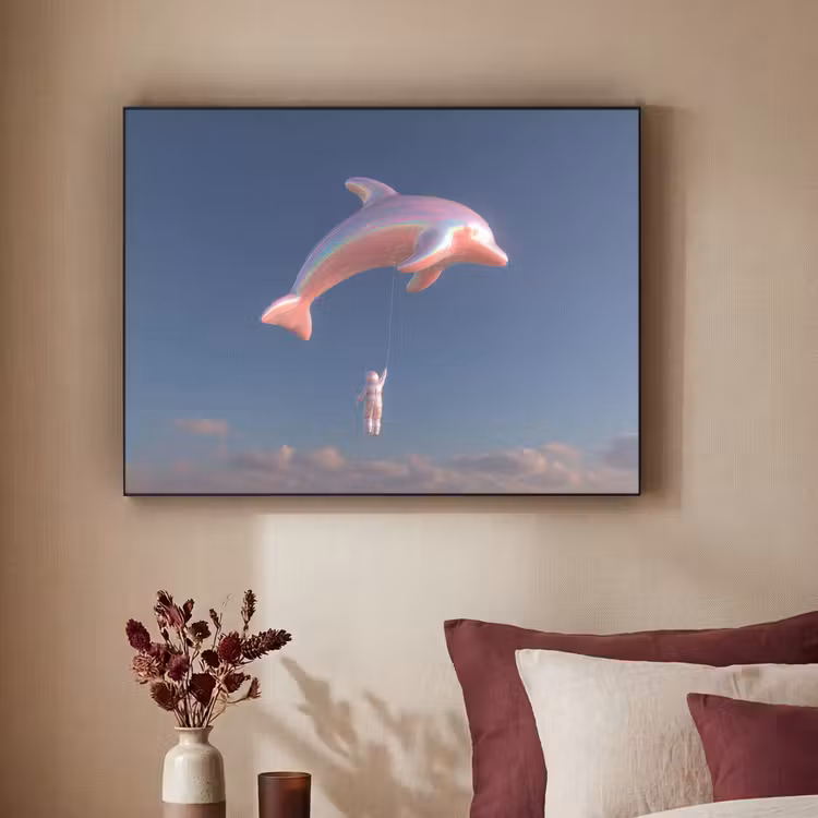 Dolfijn - Roze - Astronaut Textielframe zwart klein -sfeer1