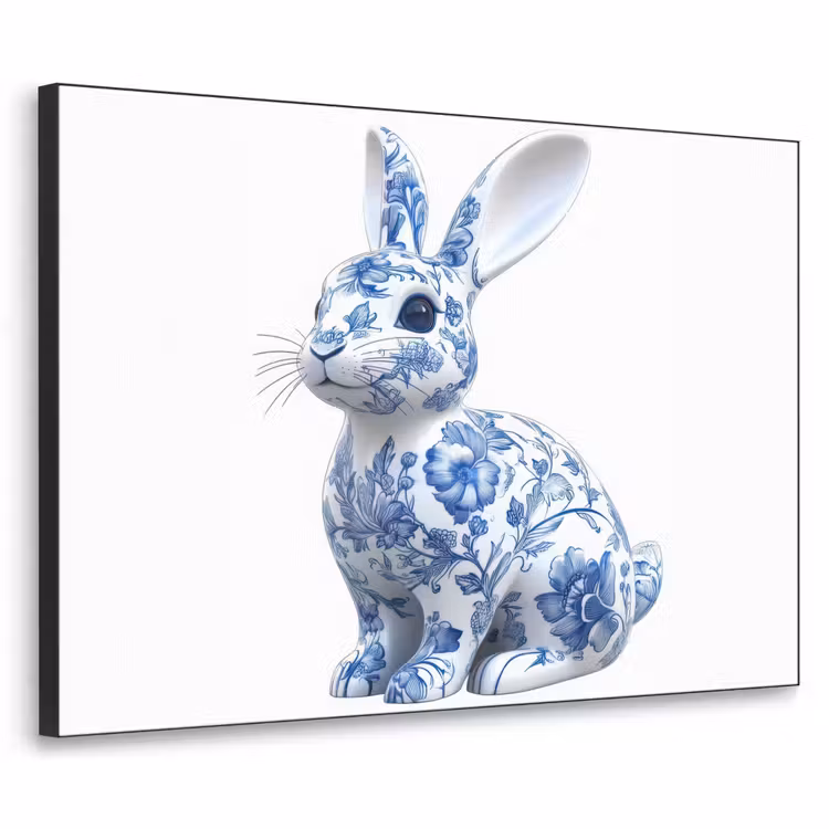 Delftsblauw - Haasje - Wit Textielframe - compleet frame klein -3d