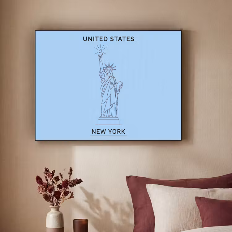 Monument - Vrijheidsbeeld - New York - Minimalistisch - Blauw Textielframe zwart klein -sfeer1