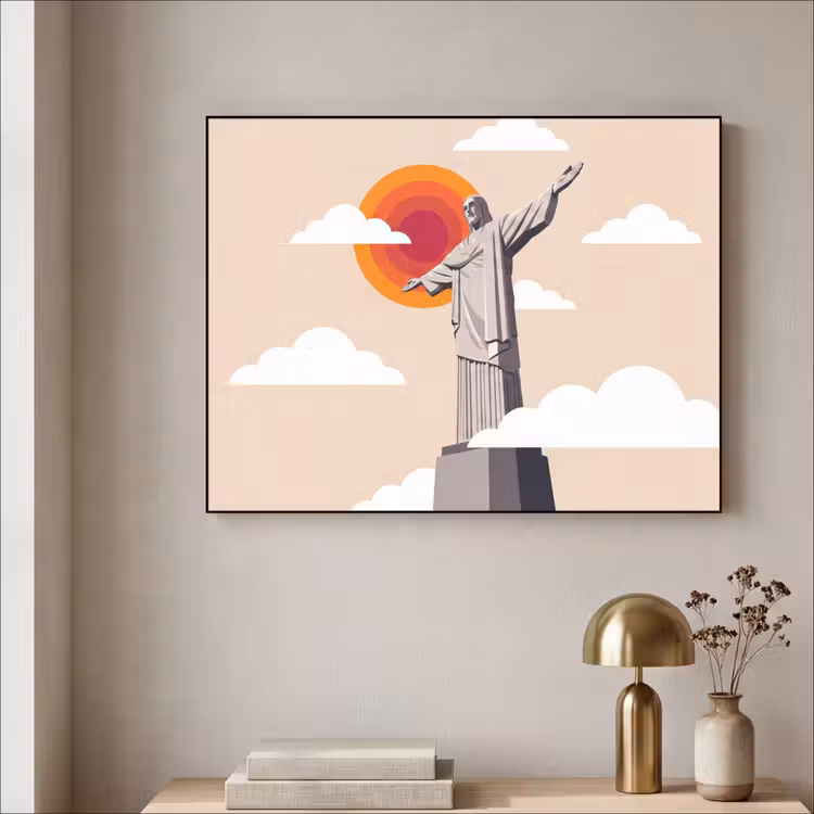 Monument - Stad - Zonsondergang - Minimalistisch - Oranje Textielframe zwart klein -sfeer2