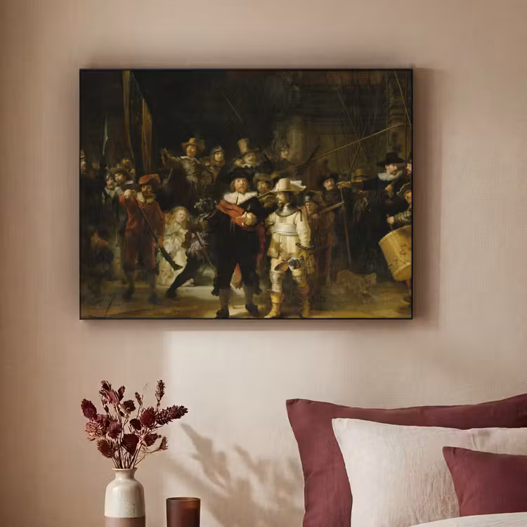 De Nachtwacht - Kunst - Oude meesters - Rembrandt Textielframe zwart klein -sfeer1