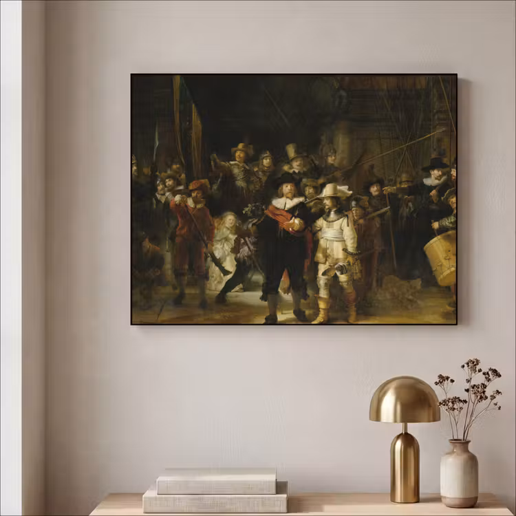 De Nachtwacht - Kunst - Oude meesters - Rembrandt Textielframe zwart klein -sfeer2