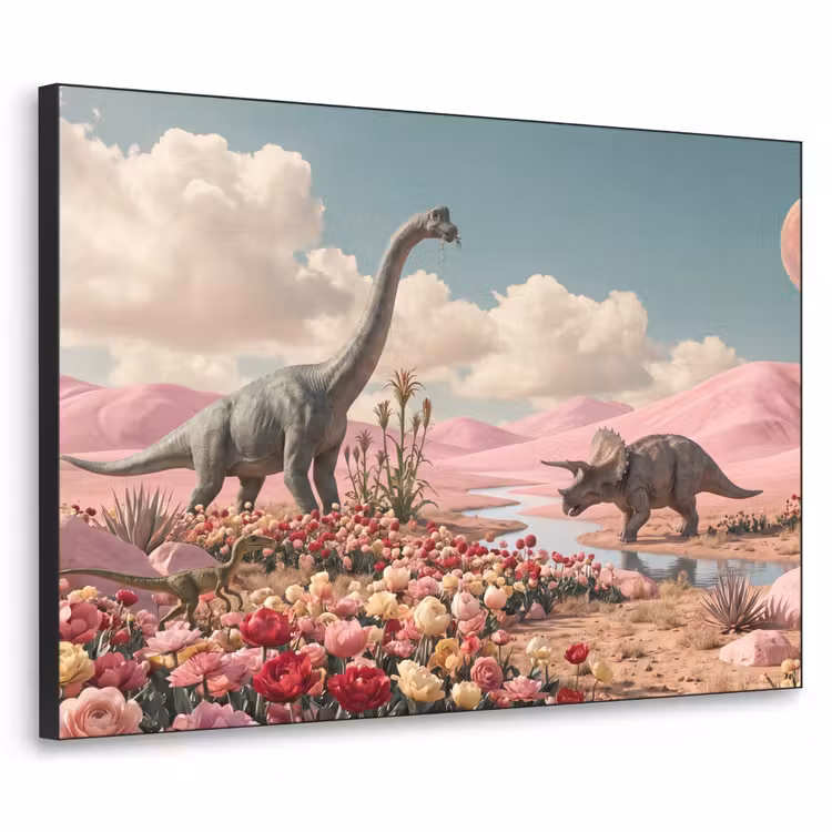 Art Frame - Dinosaurier – Rosa – Landschaft - Dinosaurus - Roze - Landschap Textielframe zwart klein