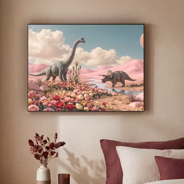 Art Frame - Dinosaurier – Rosa – Landschaft - Dinosaurus - Roze - Landschap Textielframe zwart klein