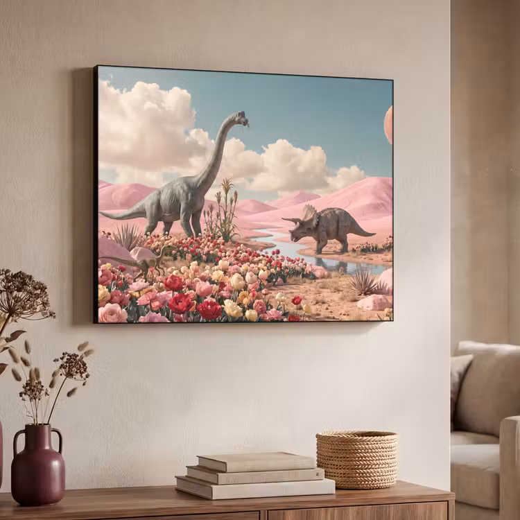 Art Frame - Dinosaurier – Rosa – Landschaft - Dinosaurus - Roze - Landschap Textielframe zwart klein