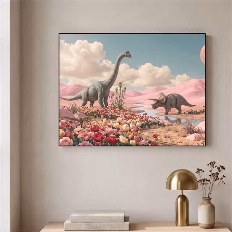 Art Frame - Dinosaurier – Rosa – Landschaft - Dinosaurus - Roze - Landschap Textielframe zwart klein