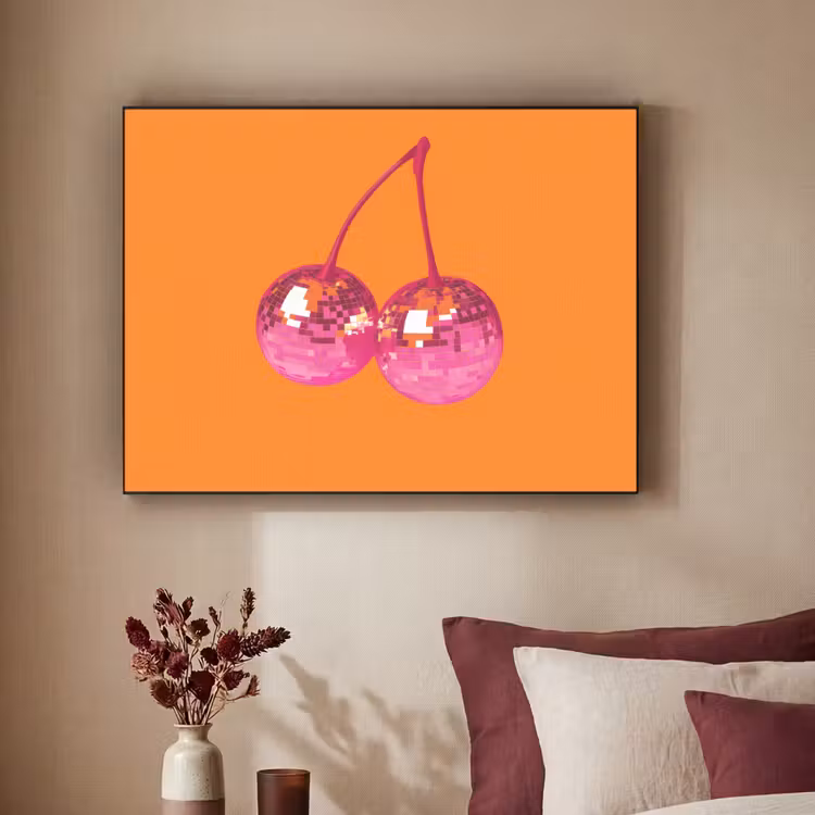 Discoballen - Kers - Spiegels - Roze Textielframe zwart klein -sfeer1