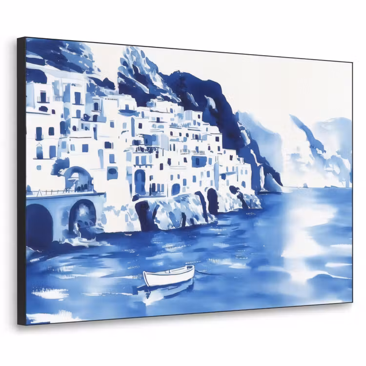 Dorp - Rotswand - Roeiboot - Water Textielframe zwart klein -3d