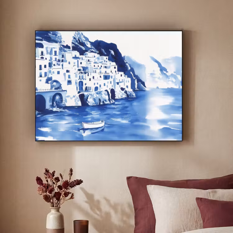 Dorp - Rotswand - Roeiboot - Water Textielframe - compleet frame klein -sfeer1