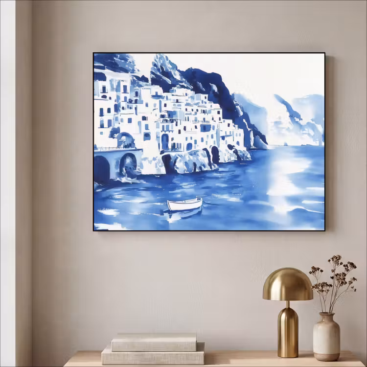 Dorp - Rotswand - Roeiboot - Water Textielframe - compleet frame klein -sfeer2