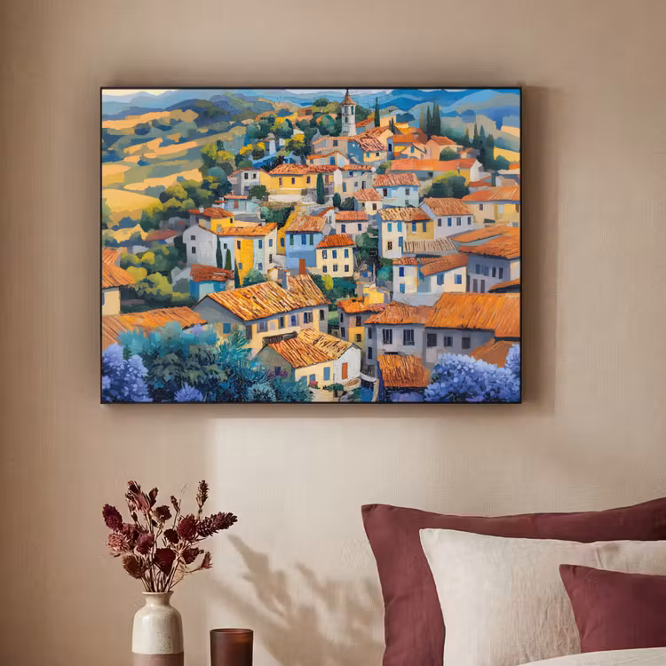 Dorp - Heuvels - Landschap - Bomen Textielframe zwart klein -sfeer1