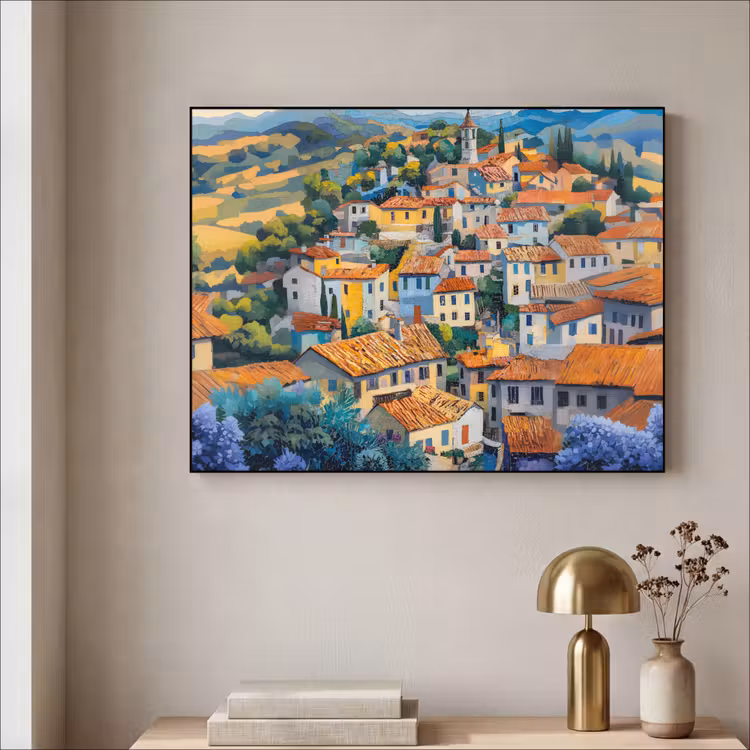 Dorp - Heuvels - Landschap - Bomen Textielframe - compleet frame klein -sfeer2