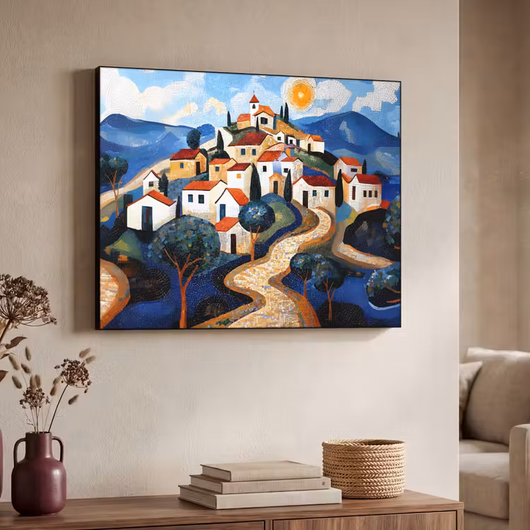 Dorp - Heuvelachtig - Zon - Mozaïek Textielframe zwart klein -sfeer3