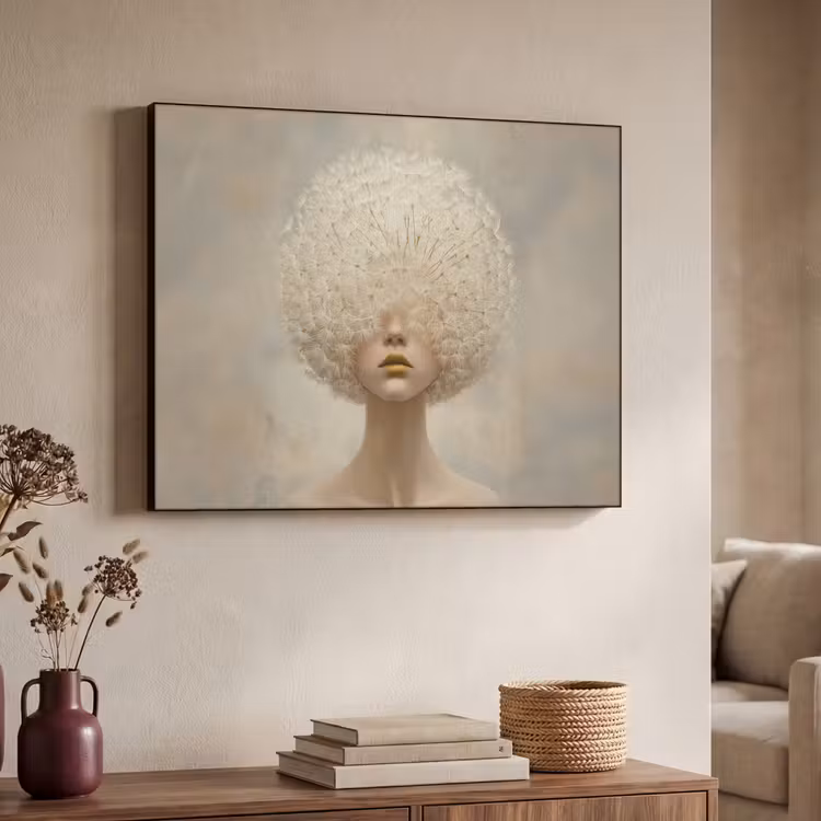 Dromerig - Beige - Paardenbloemzaadjes Textielframe zwart klein -sfeer3