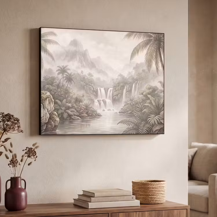 Jungle - Watervallen - Tropisch - Illustratie Textielframe zwart klein -sfeer3