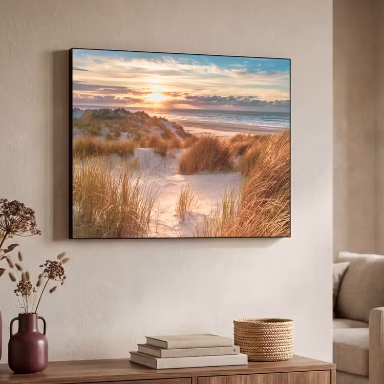 Duin - Planten - Zonsondergang - Strand - Zee Textielframe zwart klein -sfeer3