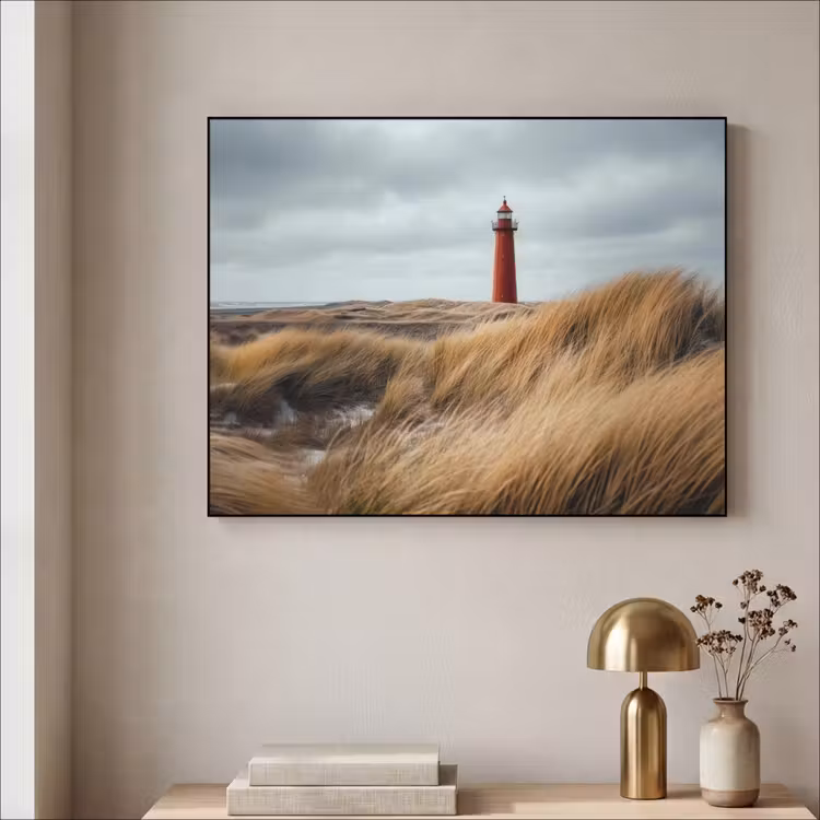 Duinen - Vuurtoren - Rood - Lucht Textielframe zwart klein -sfeer2