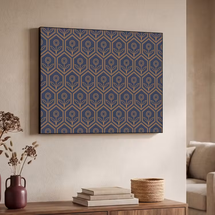 Donkerblauw - Patroon - Bloem - Symmetrisch Textielframe zwart klein 947 -sfeer3
