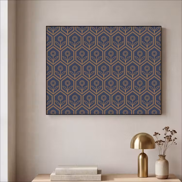 Donkerblauw - Patroon - Bloem - Symmetrisch Textielframe zwart klein 947 -sfeer2