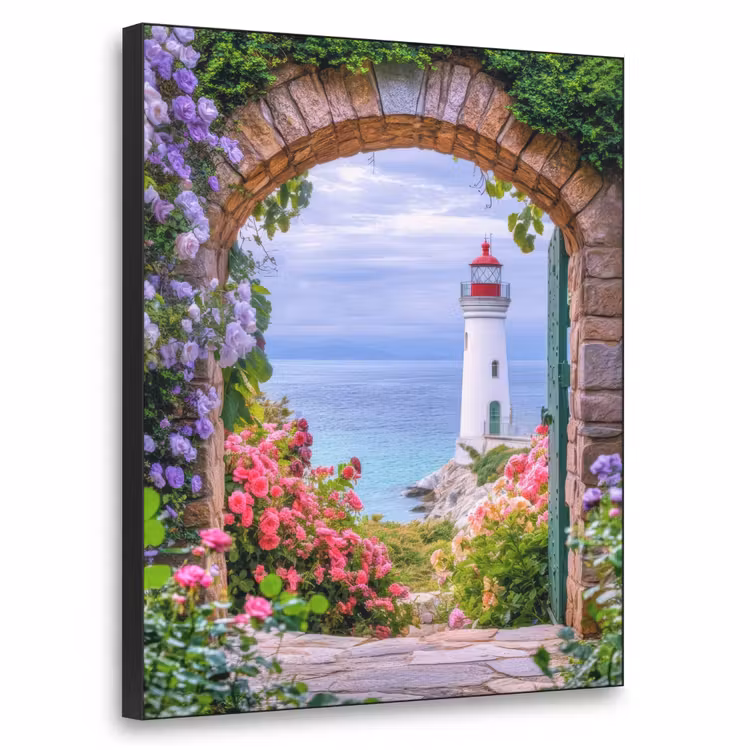 Doorkijk - Vuurtoren - Bloemen - Uitzicht Textielframe zwart klein -3d