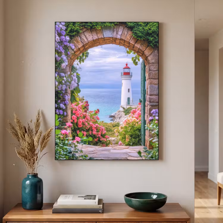 Doorkijk - Vuurtoren - Bloemen - Uitzicht Textielframe zwart klein -sfeer1