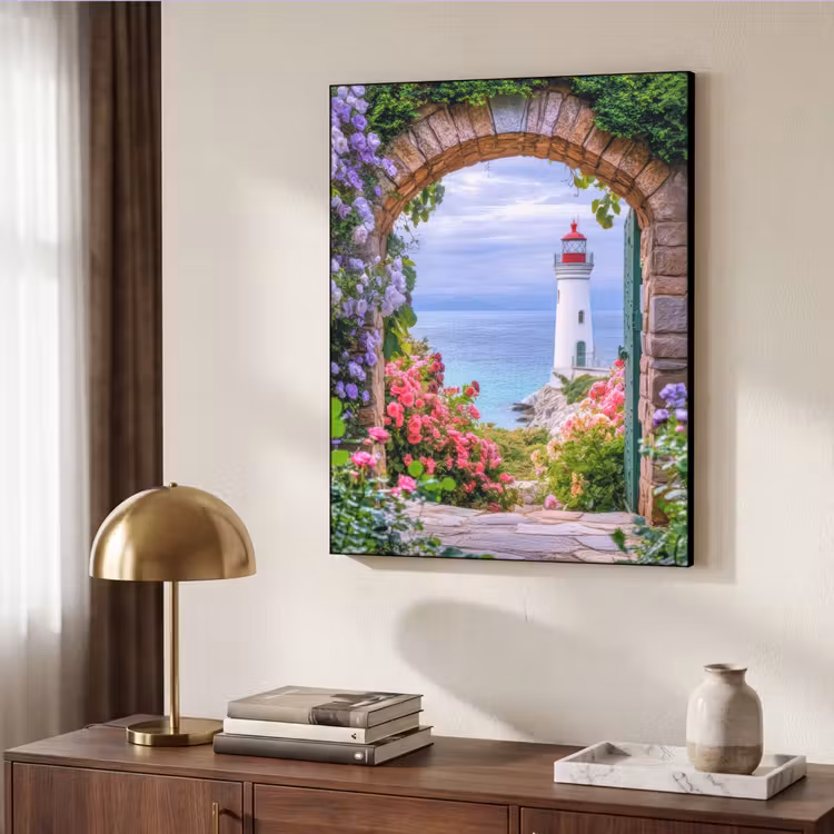 Doorkijk - Vuurtoren - Bloemen - Uitzicht Textielframe zwart klein -sfeer3