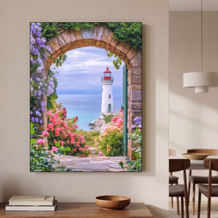 Doorkijk - Vuurtoren - Bloemen - Uitzicht Textielframe zwart klein -sfeer2
