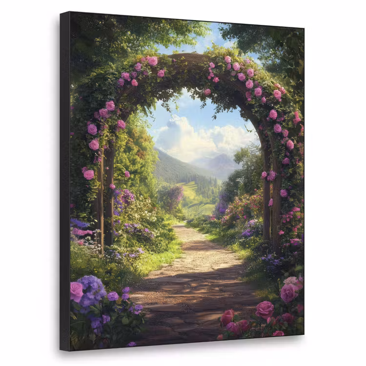 Doorkijk - Rozenboog - Uitzicht - Landschap - Bloemen Textielframe zwart klein -3d