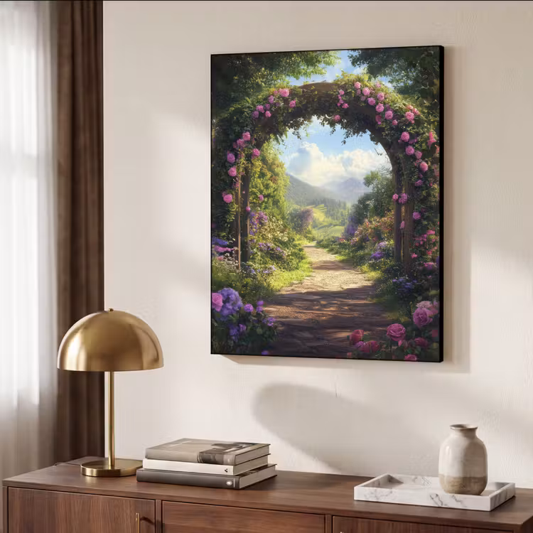 Doorkijk - Rozenboog - Uitzicht - Landschap - Bloemen Textielframe zwart klein -sfeer3