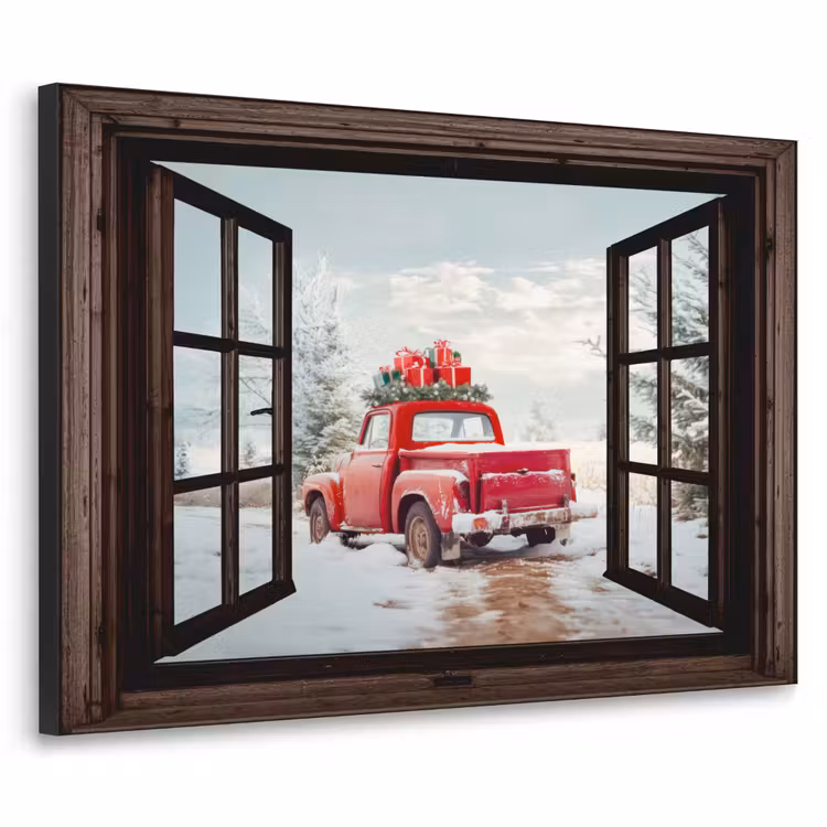 Doorkijk - Auto - Rood - Cadeaus - Winterlandschap - Kerst Textielframe - compleet frame klein -3d