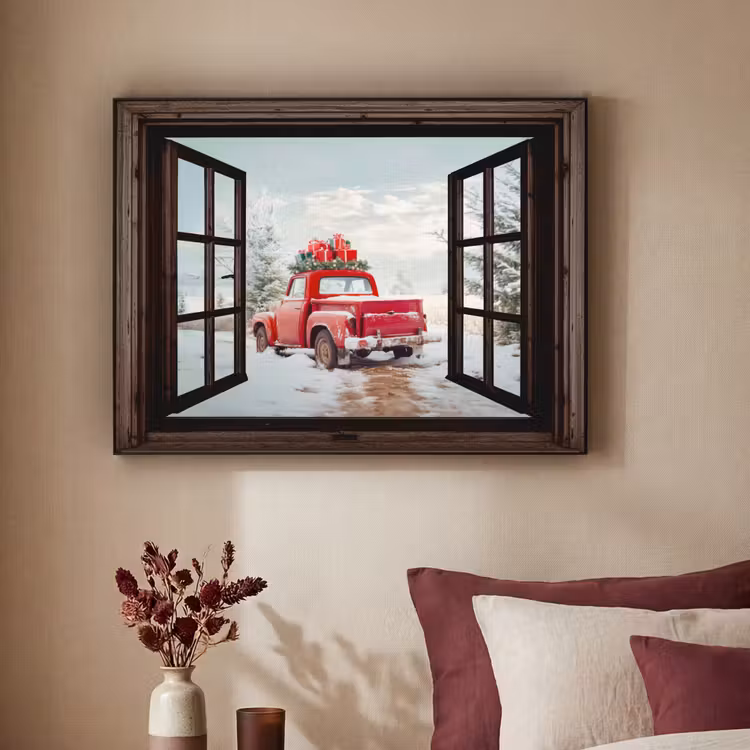 Doorkijk - Auto - Rood - Cadeaus - Winterlandschap - Kerst Textielframe - compleet frame klein -sfeer1
