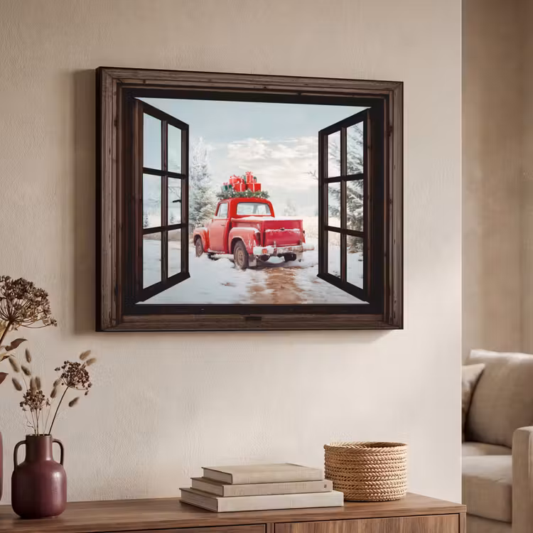 Doorkijk - Auto - Rood - Cadeaus - Winterlandschap - Kerst Textielframe - compleet frame klein -sfeer3