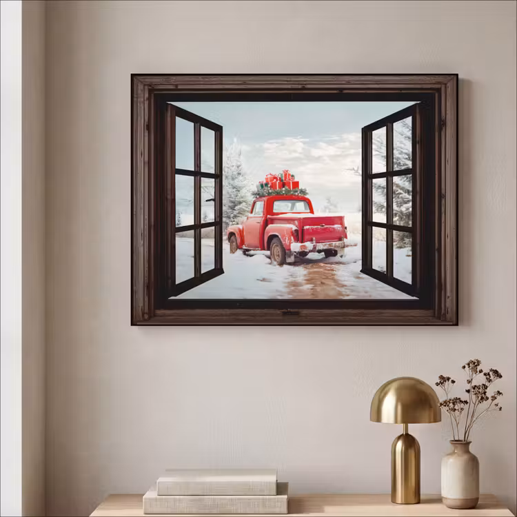 Doorkijk - Auto - Rood - Cadeaus - Winterlandschap - Kerst Textielframe - compleet frame klein -sfeer2
