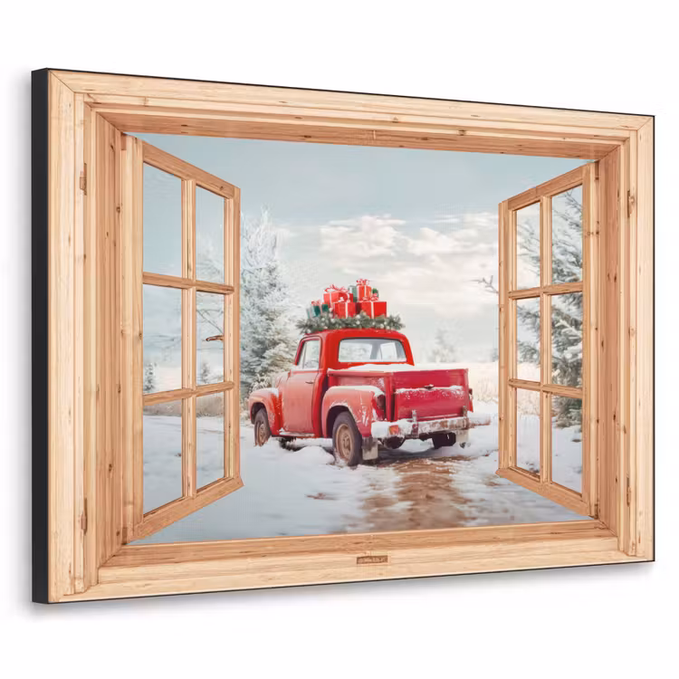 Doorkijk - Auto - Kerst - Cadeaus - Winter - Landschap Textielframe - compleet frame klein -3d