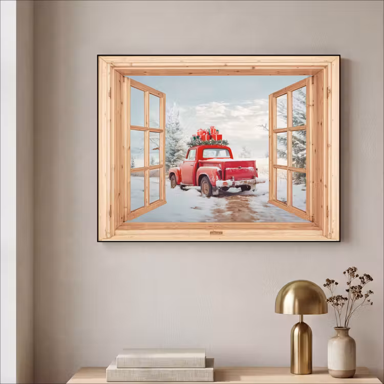 Doorkijk - Auto - Kerst - Cadeaus - Winter - Landschap Textielframe zwart klein -sfeer2