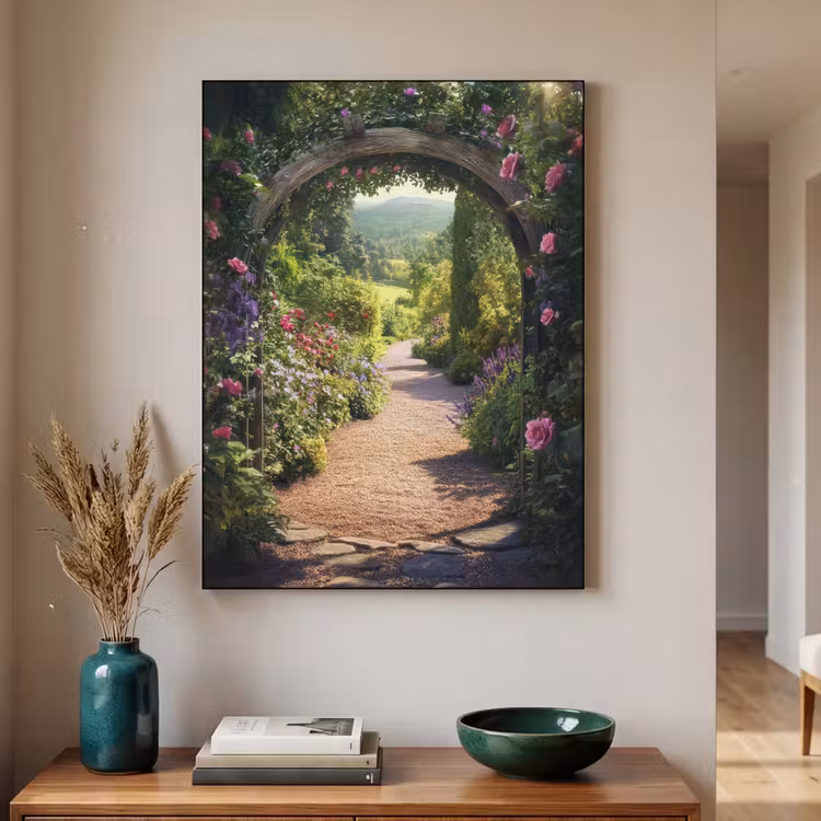 Doorkijk - Bloemen - Natuur - Rozenboog Textielframe zwart klein -sfeer1