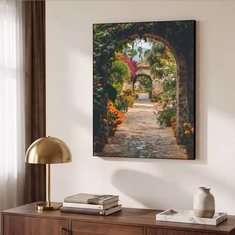 Doorkijk - Bloemen - Poort - Stenen Textielframe zwart klein -sfeer3