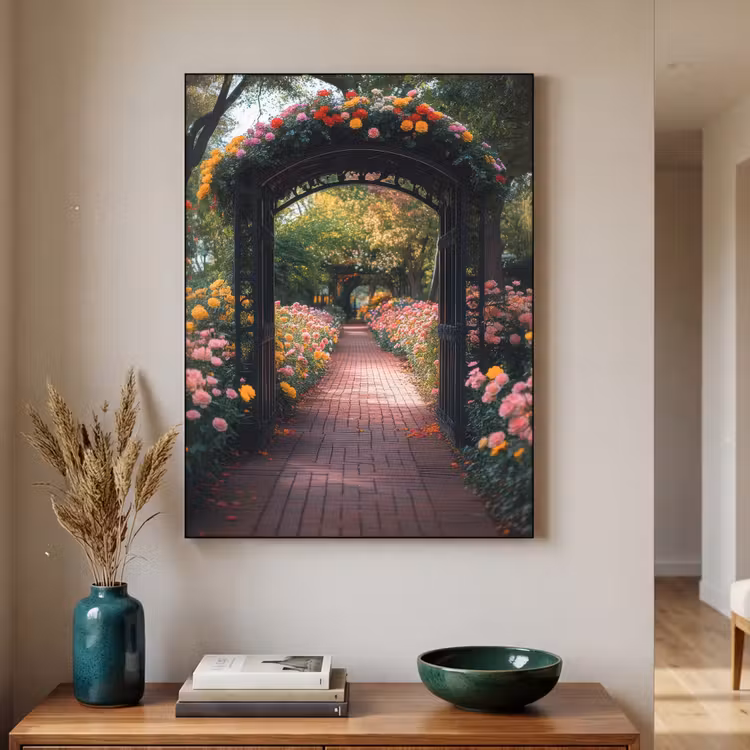 Doorkijk - Bloemen - Pad - Natuur - Kleurrijk Textielframe zwart klein -sfeer1