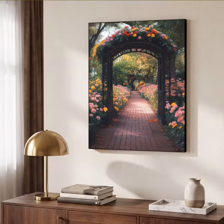 Doorkijk - Bloemen - Pad - Natuur - Kleurrijk Textielframe zwart klein -sfeer3