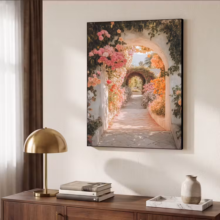 Doorkijk - Boog - Bloemen - Pastel Textielframe zwart klein -sfeer3