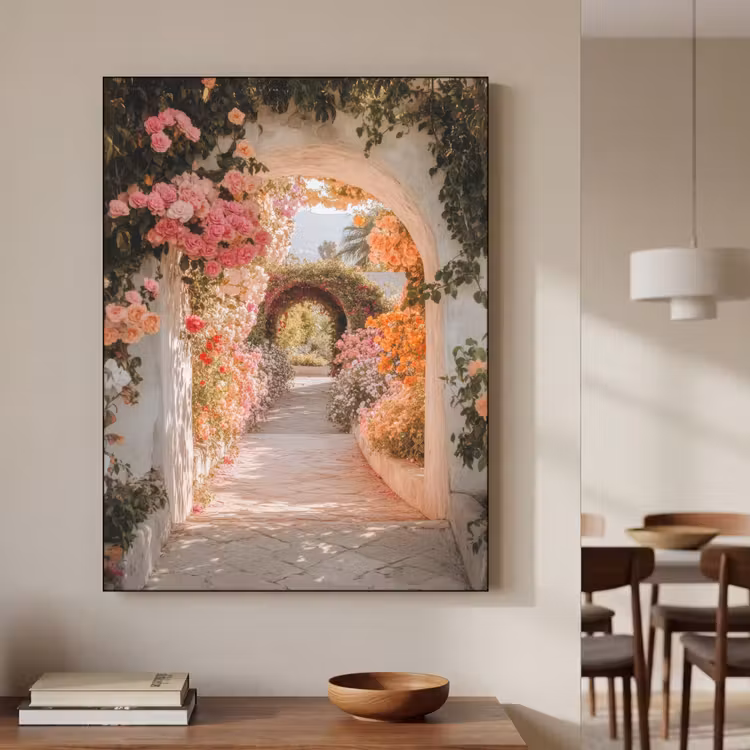 Doorkijk - Boog - Bloemen - Pastel Textielframe zwart klein -sfeer2