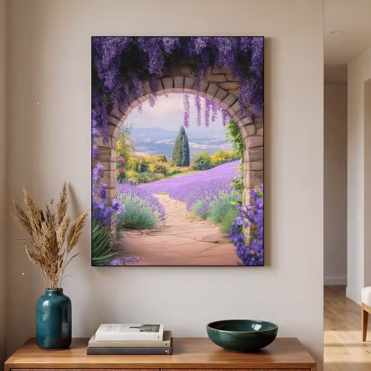 Doorkijk - Lavendel - Bloemen - Paars - Poort Textielframe zwart klein -sfeer1