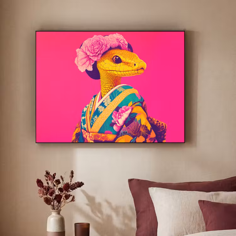 Hagedis - Bloemen - Roze - Kimono Textielframe zwart klein -sfeer1