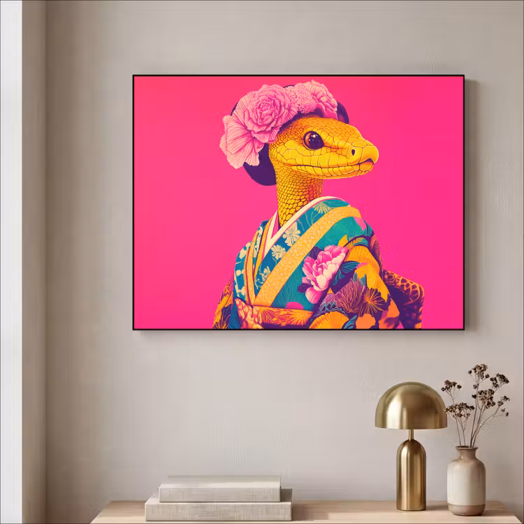 Hagedis - Bloemen - Roze - Kimono Textielframe - compleet frame klein -sfeer2