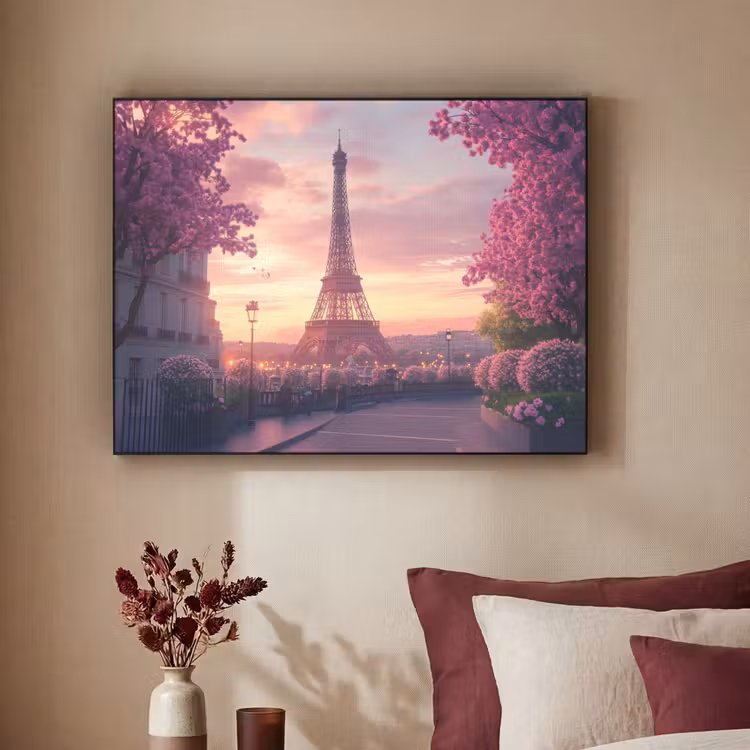 Eiffeltoren - Parijs - Roze Textielframe - compleet frame klein -sfeer1