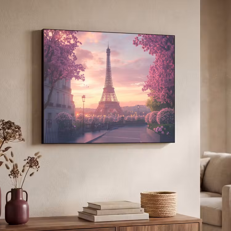 Eiffeltoren - Parijs - Roze Textielframe zwart klein -sfeer3